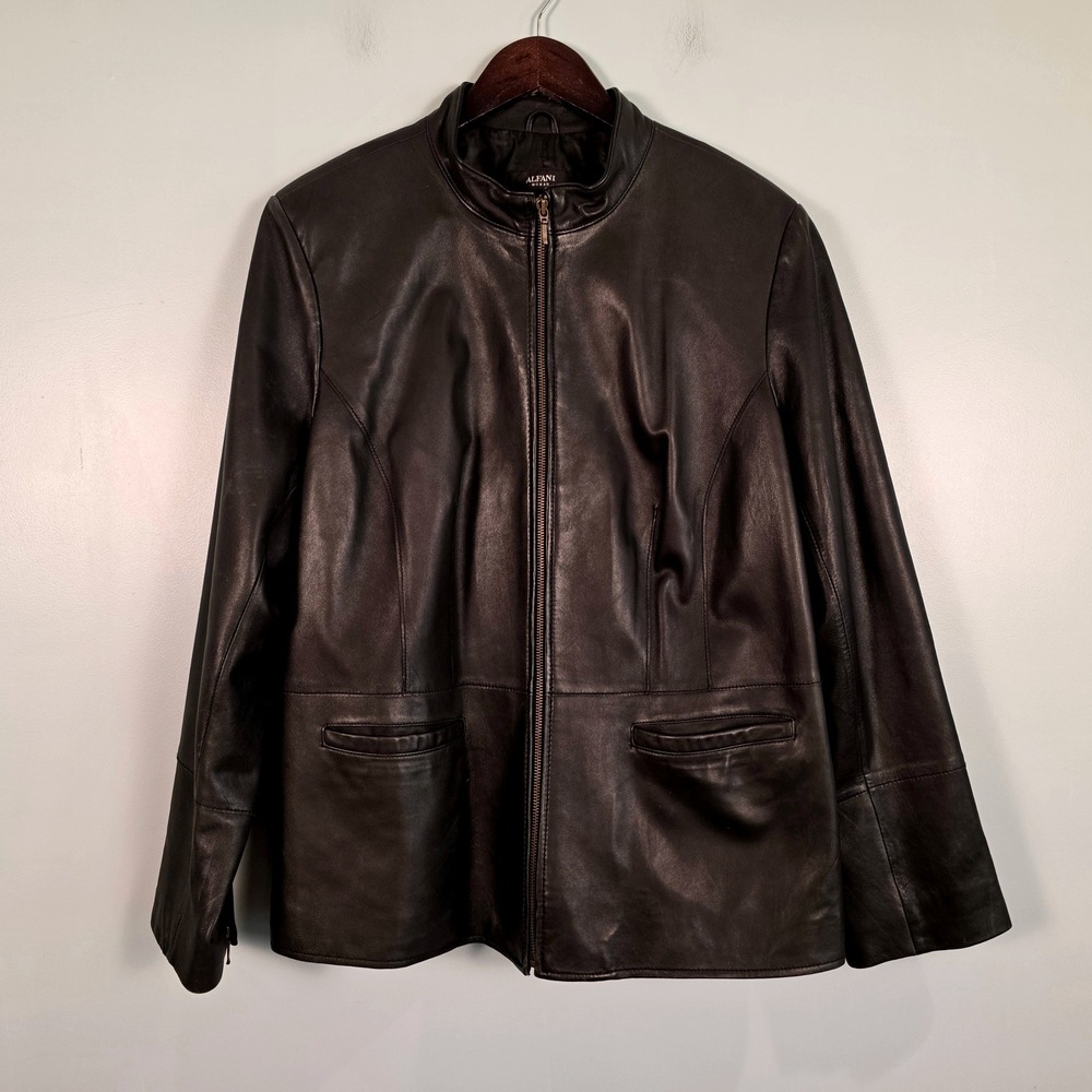 Alfani Woman Black Genuine Leather Zip Up Stand Collar Jacket Size 2X Plus Size